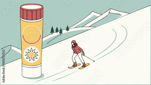 Sunscreen and Skier on Snowy Mountain Slope Illustration.