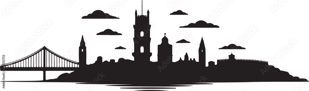 Fototapeta premium Lisbon Skyline Silhouette Vector with 25 de Abril Bridge and Belém Tower