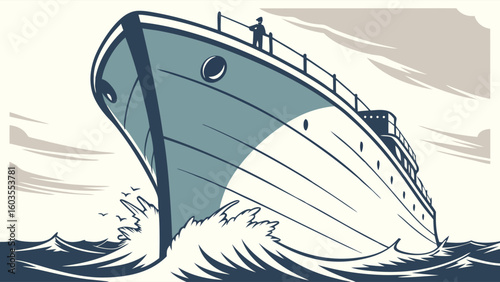 Vintage Illustration of a Large Ocean Liner Sailing Through Waves.