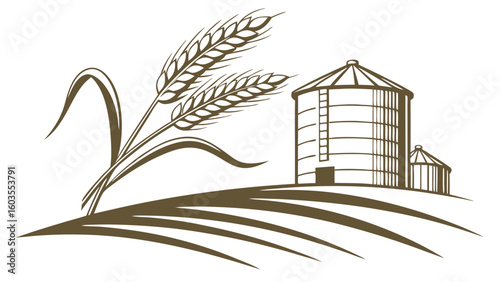 Wheat Stalks and Grain Silos on Rolling Fields.