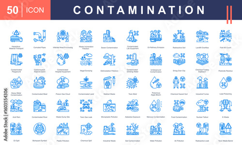 Contamination icon set including toxic waste, chemical spills, polluted water, radioactive leaks, and biohazards. Perfect for environmental, health, and industrial safety themes.