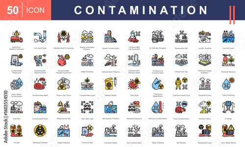 Contamination icon set including toxic waste, chemical spills, polluted water, radioactive leaks, and biohazards. Perfect for environmental, health, and industrial safety themes.