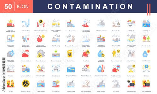 Contamination icon set including toxic waste, chemical spills, polluted water, radioactive leaks, and biohazards. Perfect for environmental, health, and industrial safety themes.