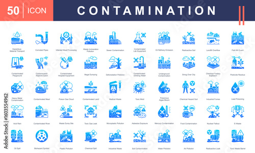 Contamination icon set including toxic waste, chemical spills, polluted water, radioactive leaks, and biohazards. Perfect for environmental, health, and industrial safety themes.
