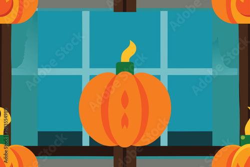 orange glow pumpkin candle windowsill vector illustration
