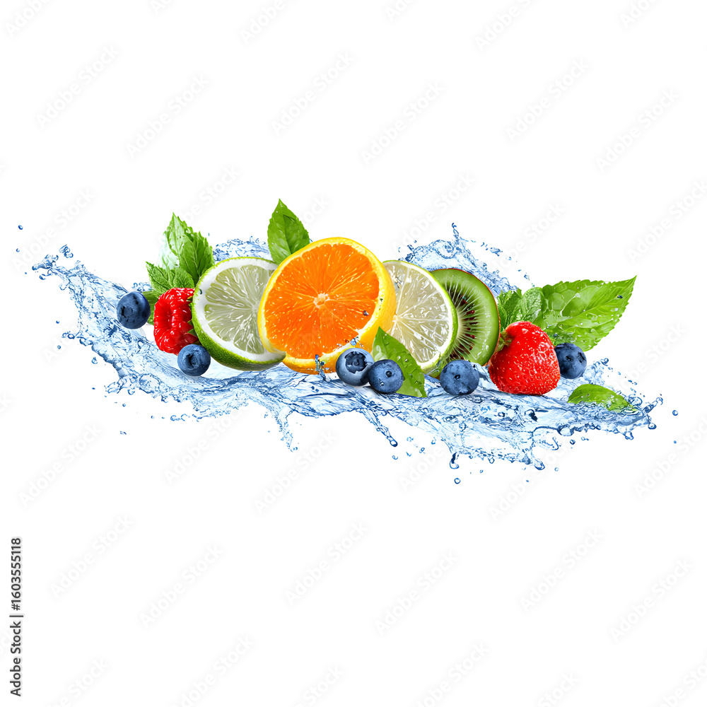 Vibrant fruit medley with refreshing water splash on black backdrop showcases freshness Vibrant fruit medley with refreshing water splash on black backdrop showcases freshness
