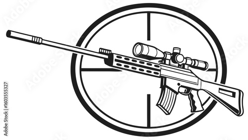 Black and White Sniper Rifle with Scope in Crosshairs.