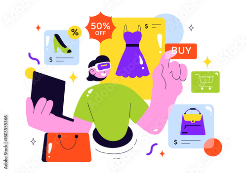VR Shopping Vector Illustration featuring People Using Virtual Reality Digital Glasses to Experience Innovative Metaverse Shopping in a Background