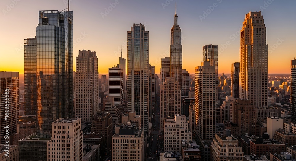 Fototapeta premium Panoramic View of the New York City Skyline at Sunset Showcasing Iconic Landmarks