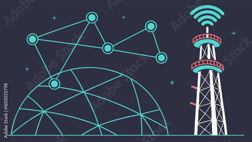 Global Network Connectivity Wireless Communication Tower and Geodesic Dome.