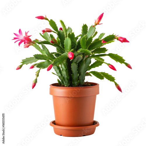 Vibrant pink blooming Christmas cactus in terracotta pot brings festive cheer and natural beauty indoors