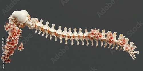 Anatomical 3D rendering of a human spine in side view with accurate detail