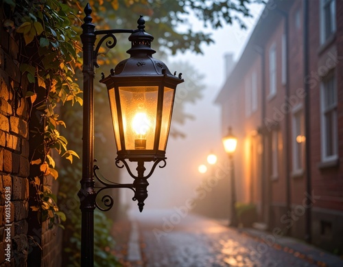 A vintage-style lamp post illuminates a misty alleyway.  Autumnal colors and brick buildings line the path