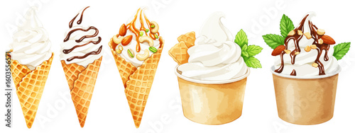 バニラソフトクリーム / チョコレートとキャラメルソースの掛かったアイスクリームの水彩ベクターイラストセット コーンアイス/ カップアイス	