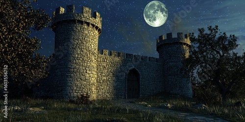 Cinematic offline 3D render of a medieval castle landscape under moonlight with high global illumination