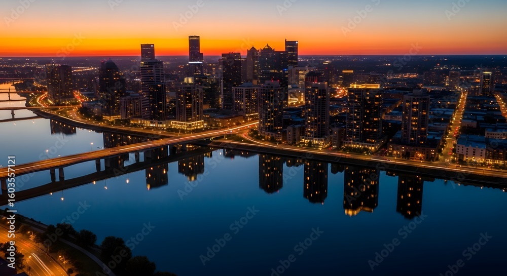 Fototapeta premium Aerial cityscape at twilight shows city lights reflecting in the river below a bridge against a colorful sunset sky. Modern structures line the shore.