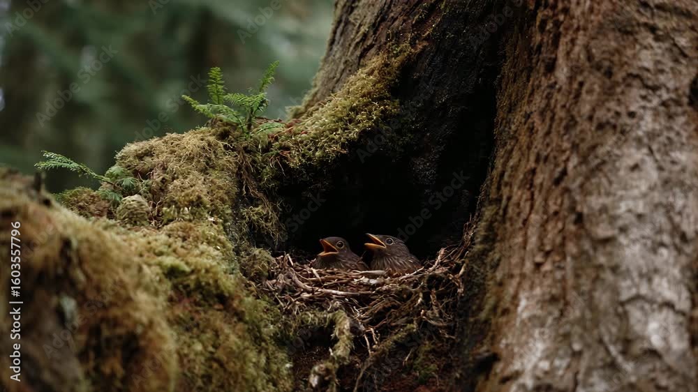 Two young birds nestled safely in their nest carved into a tree trunk, depicting the nurturing aspect of nature and the bond between mother and chicks in the wild.