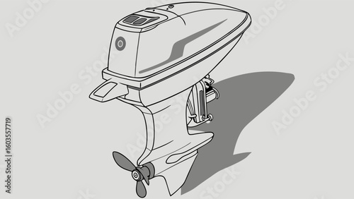 Outboard Motor Illustration Detailed Line Drawing of a Boat Engine with Propeller.