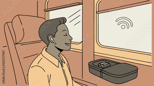 Relaxed Man with Earbuds on a Train Journey.