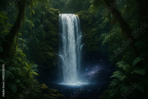 Hyper-realistic jungle waterfall, where the water flows into a glowing void of deep space