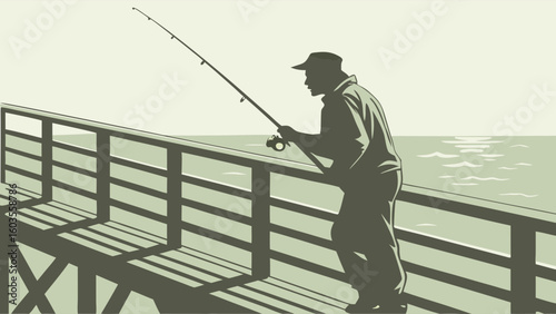 Silhouette of a Fisherman on a Pier Fishing Rod Cast Out.