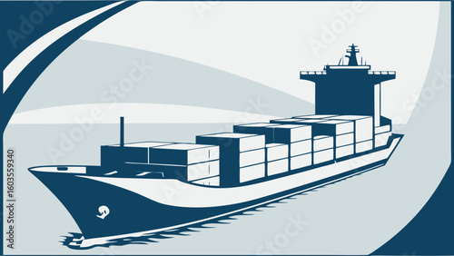 Stylized Container Ship Illustration with Cargo Boxes on Water.