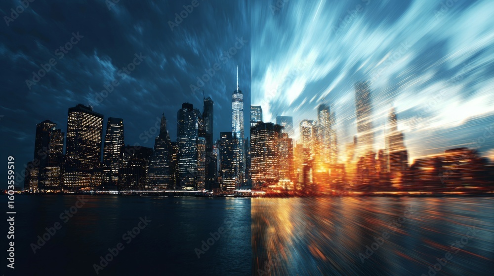 Fototapeta premium Stunning Cityscape at Dusk and Dawn with Dramatic Sky and Glowing City Lights Over Reflective Water Surface