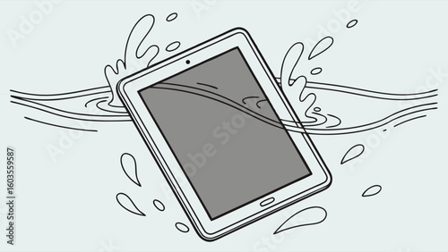 Tablet Computer Submerged in Water with Splashing Effects.