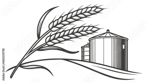 Wheat Stalks and Grain Silos Depicting Agriculture and Farming.