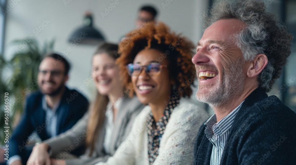 Obraz premium Group of diverse professionals in an office sharing laughter and smiles during a meeting or collaborative discussion