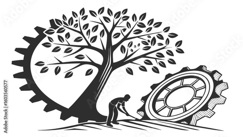 Agricultural Harmony A Farmer Works Beneath a Tree and Gear.