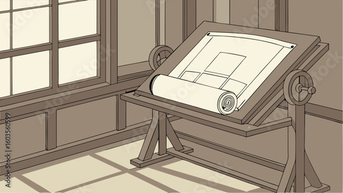 Antique Drafting Table with Rolled and Flattened Drawings.