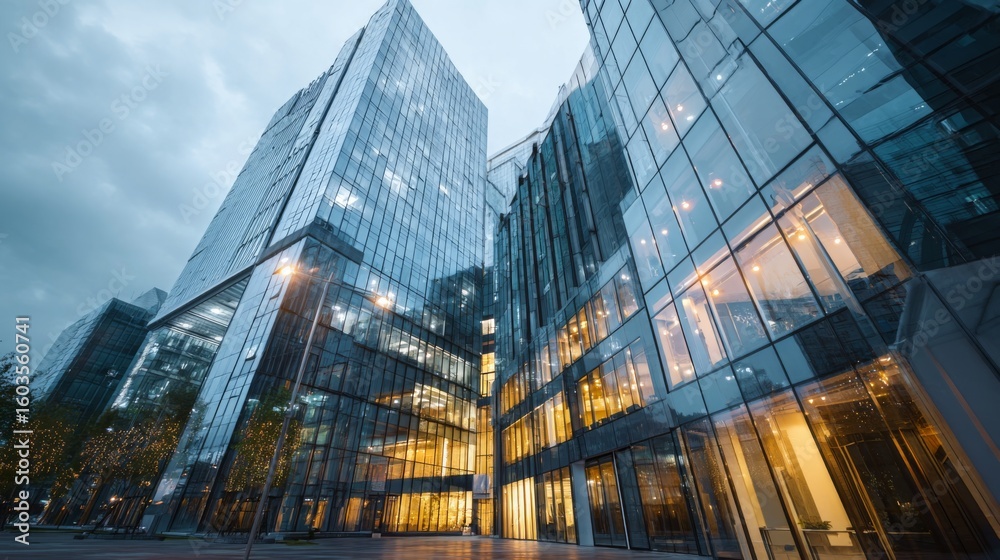 Fototapeta premium Modern Glass Buildings at Dusk Showcasing Elegant Architecture and Soft Lighting in an Urban Cityscape Environment