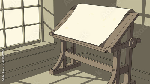 Antique Wooden Drafting Table with Blank Paper Near Window.