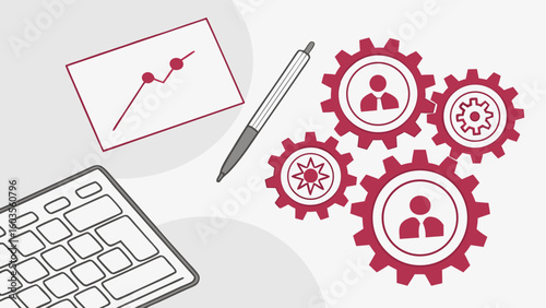 Business Process Illustration Gears Keyboard Chart and Pen.