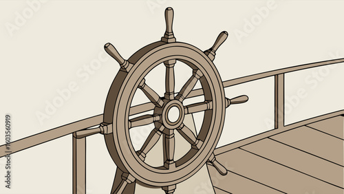 Cartoon Ship Wheel on Deck Nautical Theme Illustration.