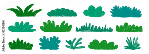 Hand drawn crayon bushes collection. Green grass and shrubbery set. Doodled shrub shapes bundle. Pencil sketched foliage elements. Scribbled cartoon greenery plant pack. Vector illustration doodles