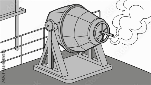 Gray Industrial Cement Mixer with Smoke on a Platform.