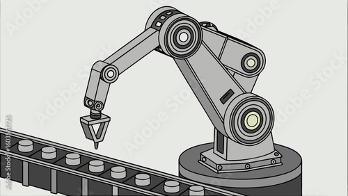 Industrial Robotic Arm Assembling Cylindrical Parts on Conveyor Belt.
