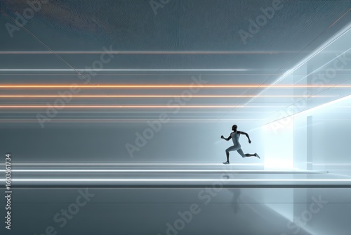 Futuristic Digital Running Concept: Athlete in Modern High-Tech Environment with Neon Light Streaks, Symbolizing Advanced Technology and Athletic Endeavor
