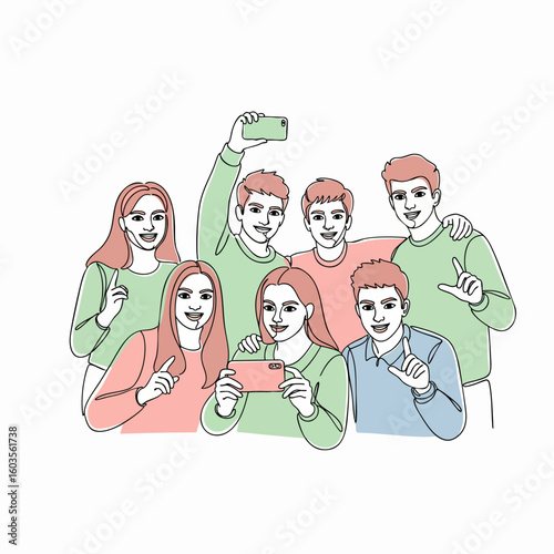 Smiling diverse young friends taking selfies and group photos with smartphones in modern line art style.