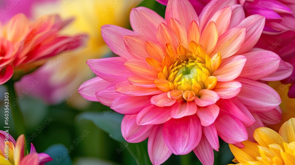 Fototapeta premium Vibrant Dahlia Flowers in Various Shades of Pink and Yellow, Close-Up View, Blooming Nature, Fresh Floral Arrangement