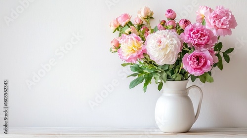 Wallpaper Mural Elegant Arrangement of Pink and White Flowers in Simple White Vase on Light Wooden Table Against Soft Background Torontodigital.ca