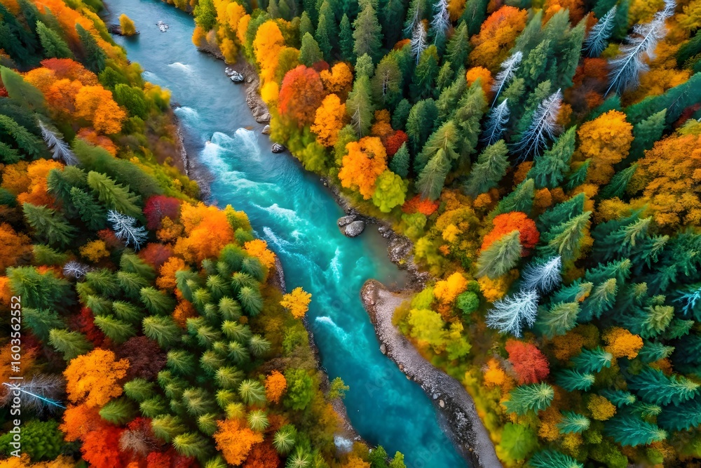 Fototapeta premium Vibrant autumn forest canopy with turquoise river from above