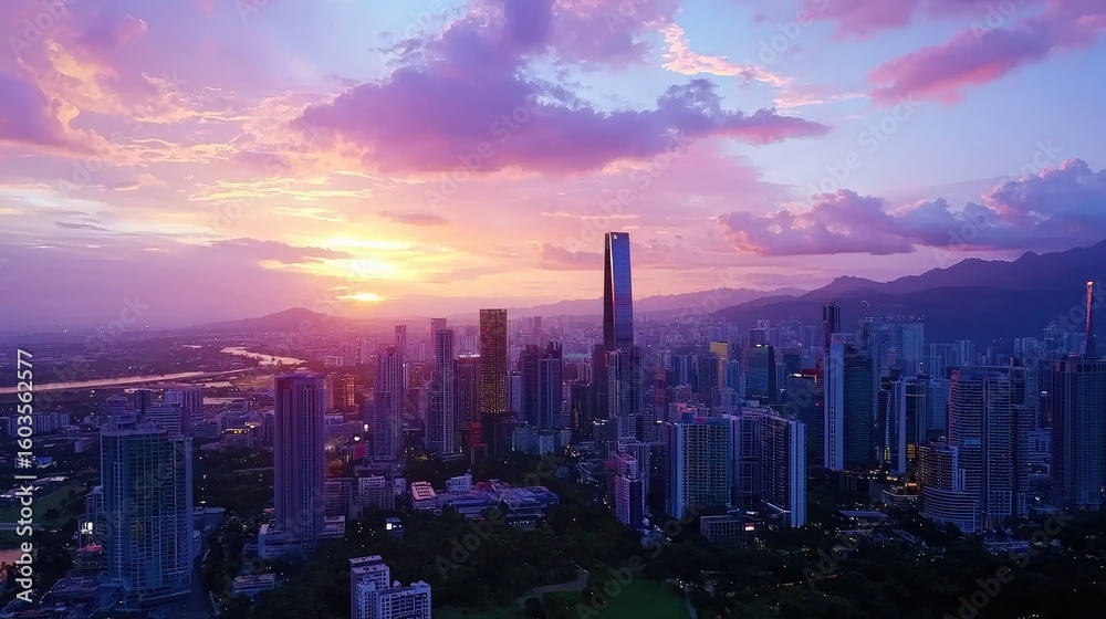 Fototapeta premium Aerial View of Modern Cityscape at Sunset with Vibrant Clouds and Skyscrapers Against Dramatic Sky