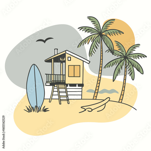 Tropical beach scene with a lifeguard tower surfboard and palm trees in a stylized silhouette