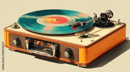 Stylish turntable with blue vinyl, knobs, tonearm, and hardware on a neutral surface