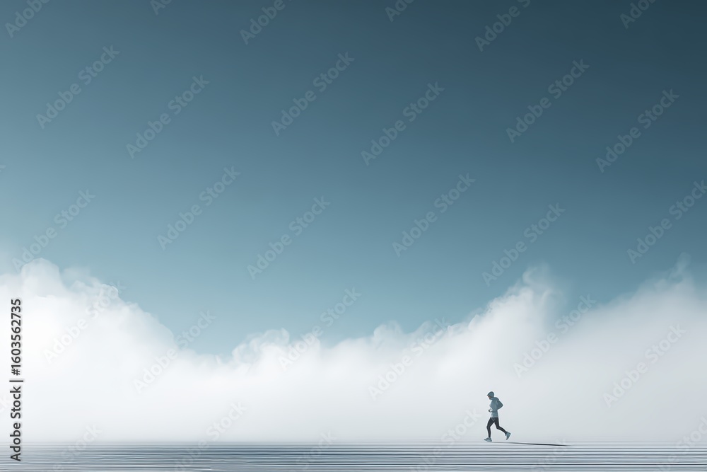 Fototapeta premium Solitary figure running through misty landscape under a vast, blue sky evoking feelings of freedom, endurance, and determination in a minimalist natural setting