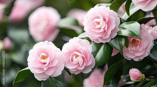 Delicate Pink Camellia Flowers Against Lush Green Foliage in Bright Natural Light