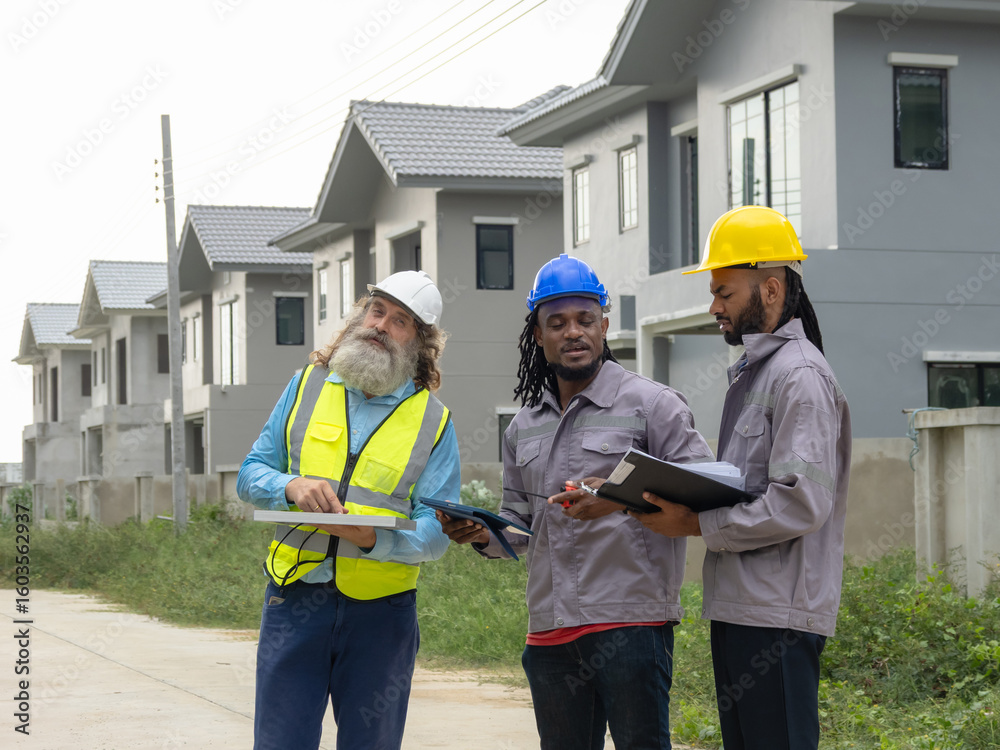 Professional architect and foreman wear head hat talk meeting safety work team check inspection tablet document ergy sorlar panels improvement project plan design home building in construction site. Professional architect and foreman wear head hat talk meeting safety work team check inspection tablet document ergy sorlar panels improvement project plan design home building in construction site.
